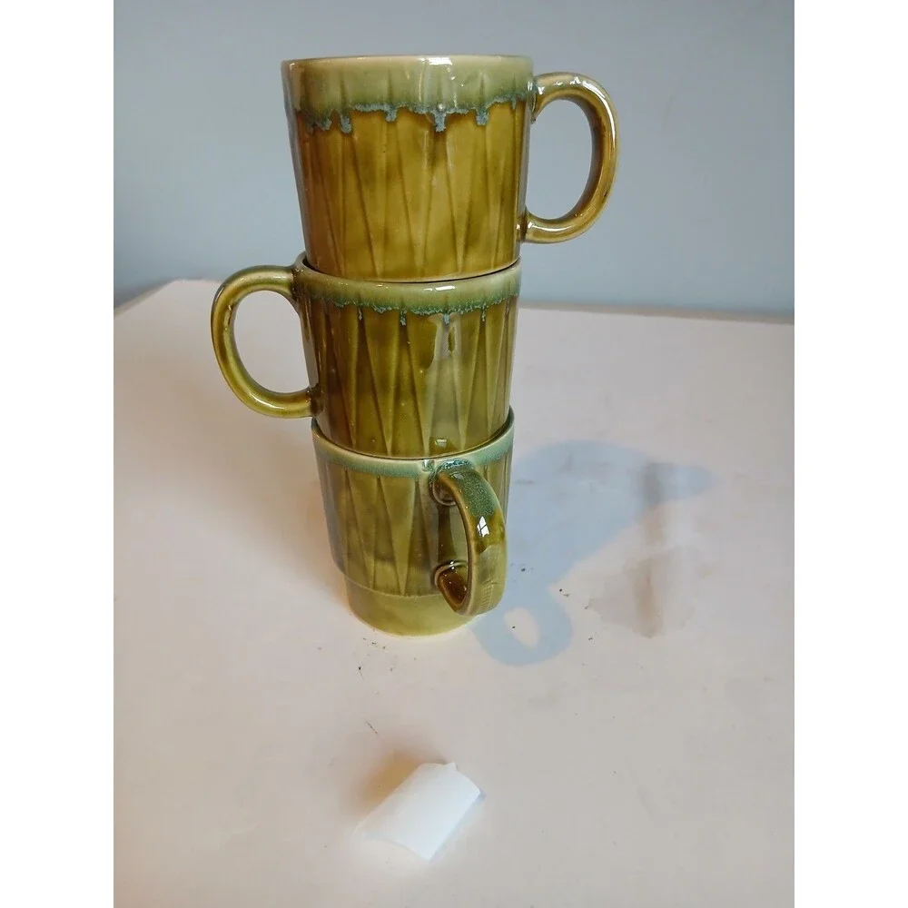 3 Vintage Retro stackable Made in Japan mug cup green drip 8 ounces